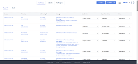 <h3>Dental Referral<br>Management System</h3><br>Referral screen displays received referrals and allow them to manage their current status. Allows dental specialists to notify practitioners about the referral they sent and revenue generated.