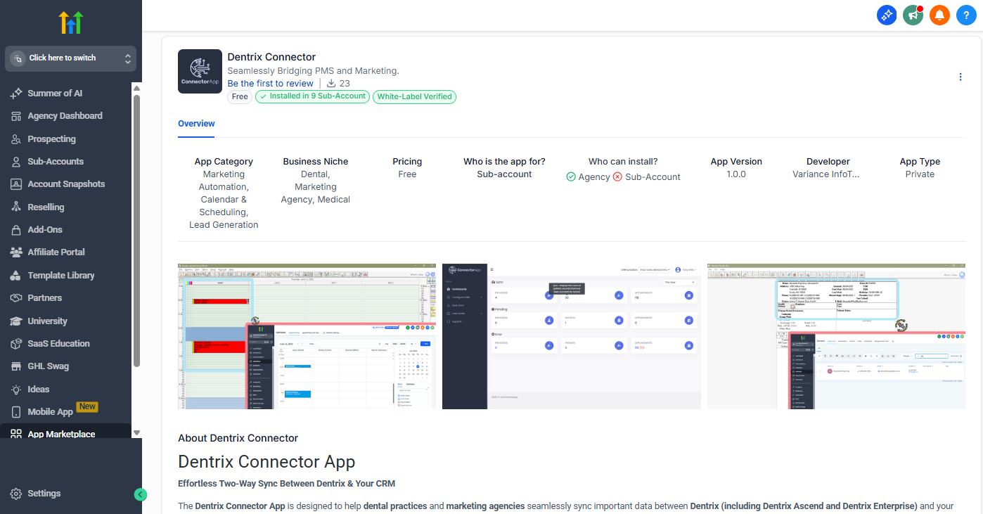 Dentix Connector configuration screen showing developer key, customer key, and time zone setup in GoHighLevel