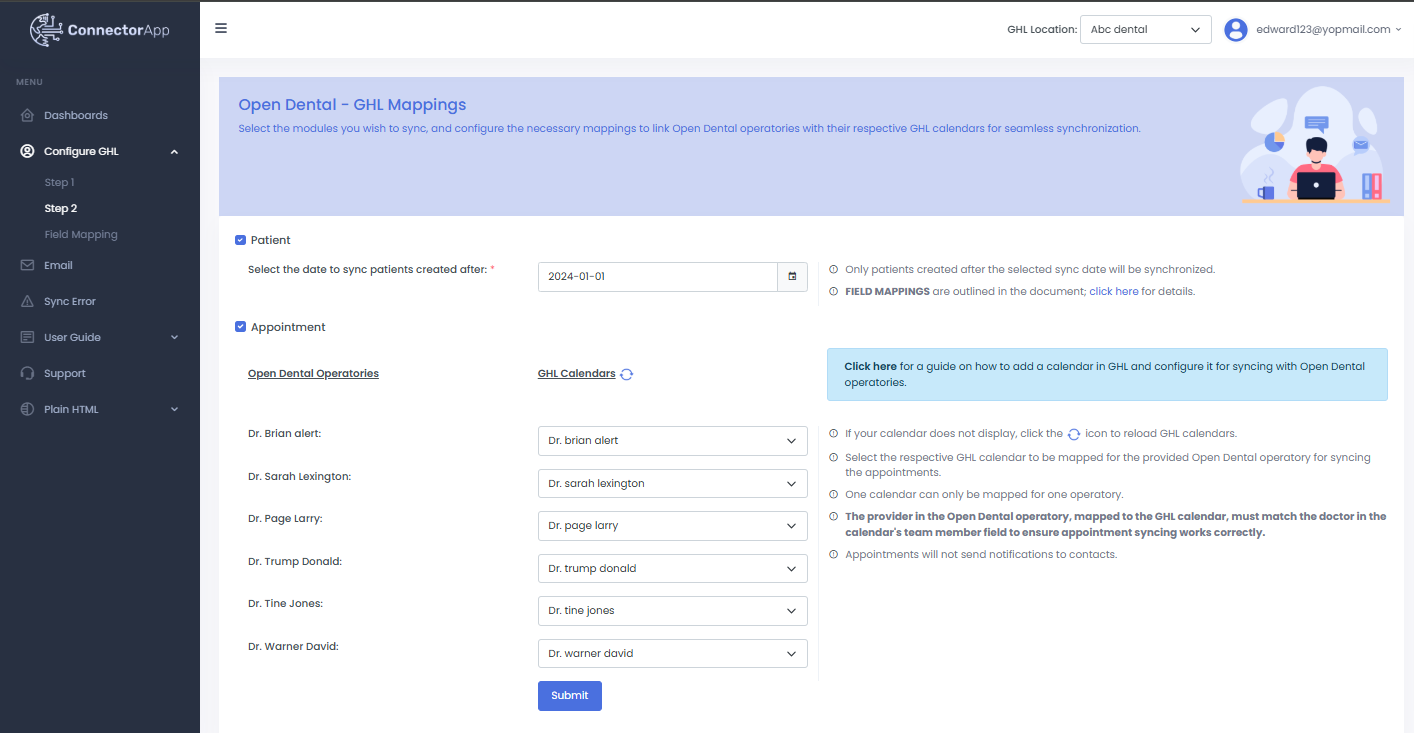 Dentix Connector calendar mapping screen in GoHighLevel showing provider-to-calendar synchronization setup
