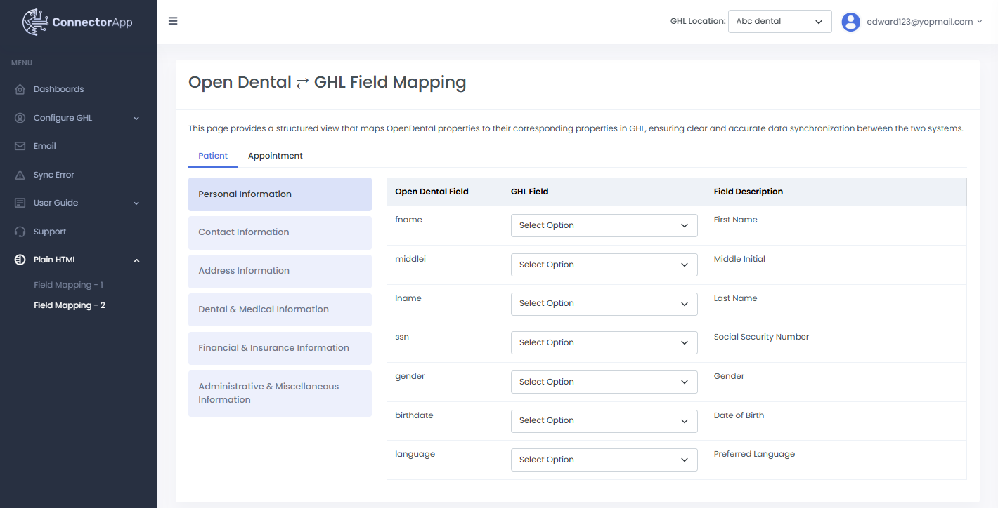 Field mapping interface in Dentix Connector showing data fields matched between Dentrix and GoHighLevel for personal information synchronization