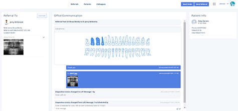 <h3>Dental Referral<br>Management System</h3><br> Referral detail screen allows partitioners and specialist to communicate over particular patient referral. It display X-Yar, images and documents at one place for 360 degree view of referral.