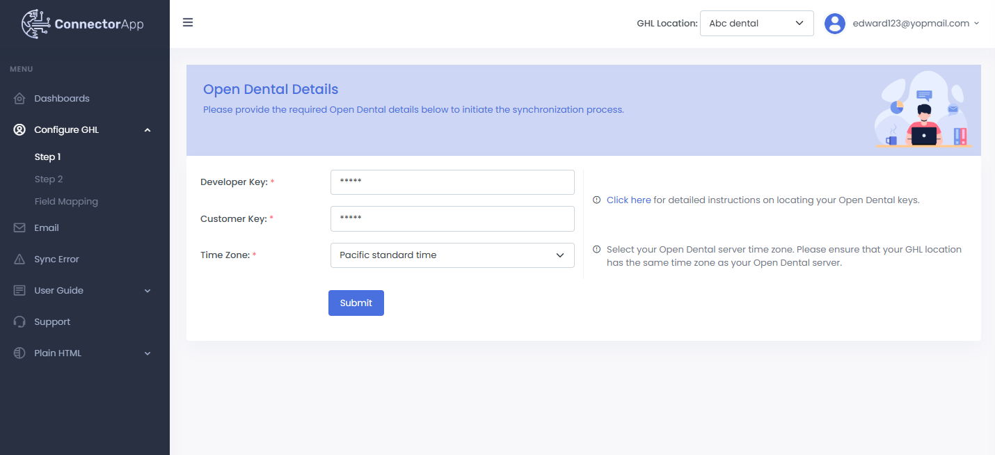 Open Dental Connector configuration screen showing developer key, customer key, and time zone setup in GoHighLevel