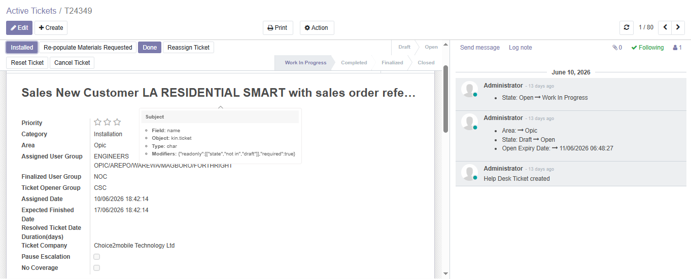 Odoo Installation Ticket Screenshot