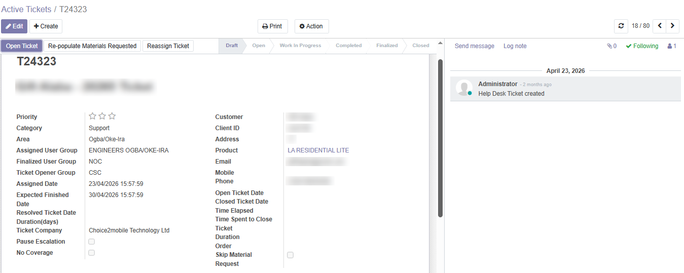 Odoo Support Ticket Screenshot